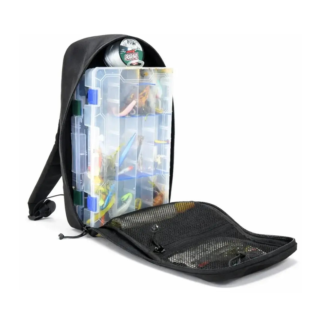 Black fishing backpack with clear tackle box filled with lures and fishing line