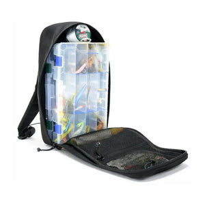 Black fishing backpack with clear tackle box filled with lures and fishing line