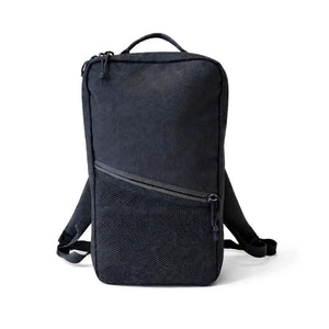 Black minimalist backpack with mesh front pocket and dual straps
