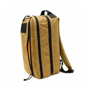 Tan 12 Hour Plus backpack with multiple black zippers and orange interior