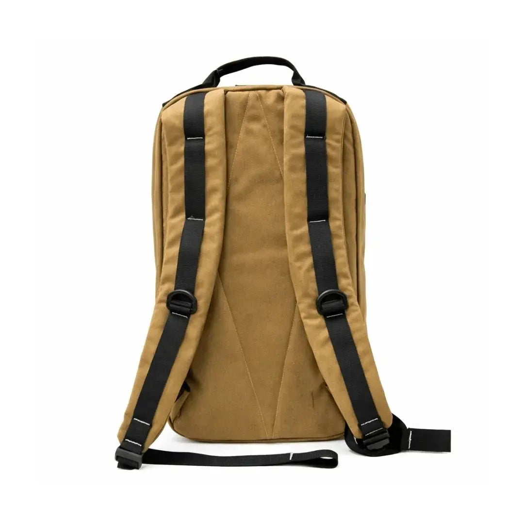 Back view of a tan tactical backpack with black shoulder straps and D-rings.