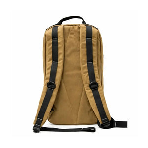 Back view of a tan tactical backpack with black shoulder straps and D-rings.