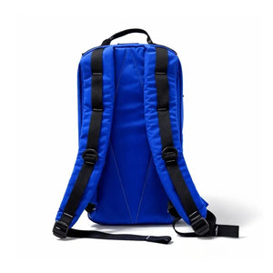 Blue backpack with black adjustable straps and grab handle.