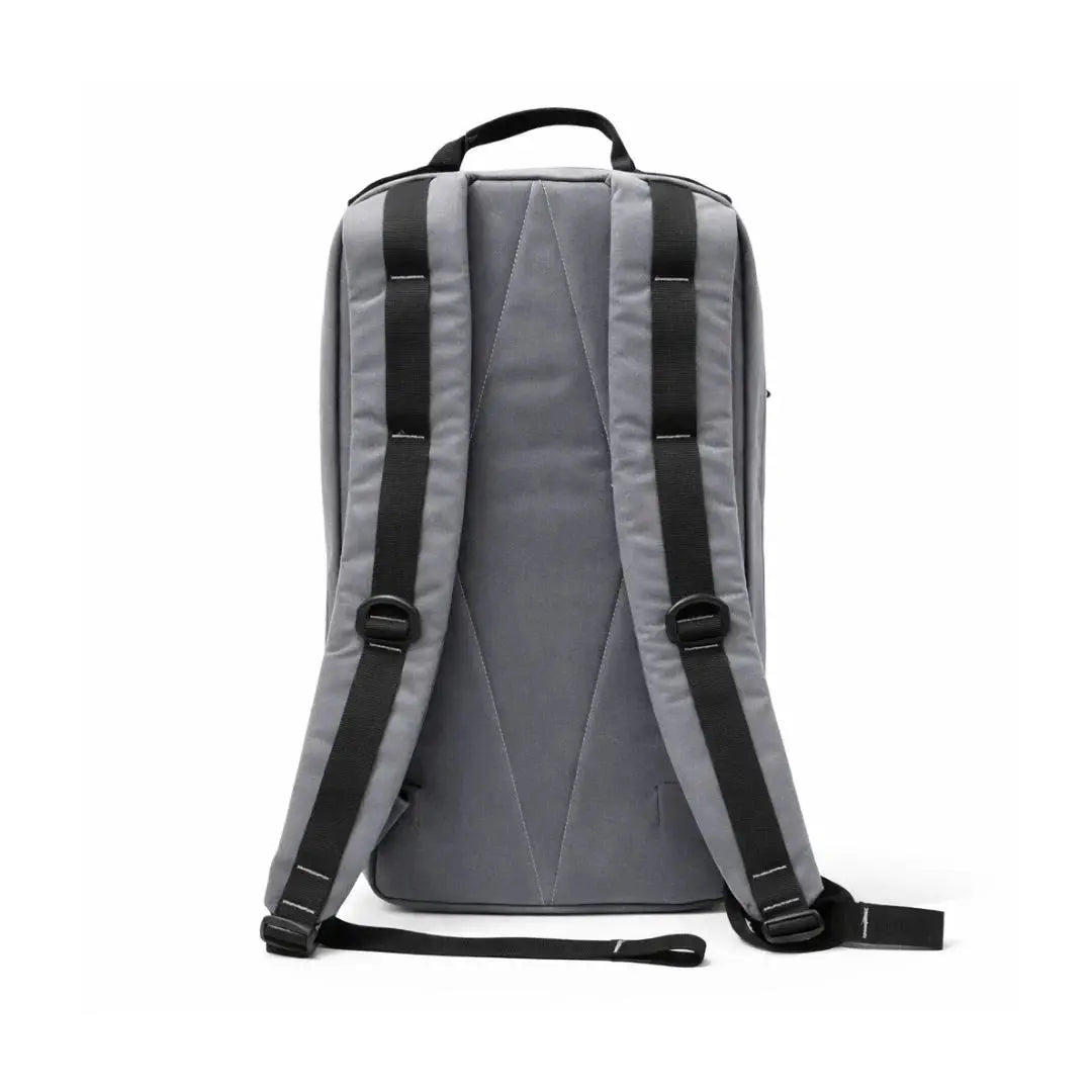 Gray backpack with black straps and buckles shown from the back.