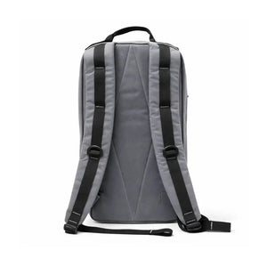 Gray backpack with black straps and buckles shown from the back.