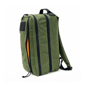 Green 12 Hour Plus Backpack with orange interior and dual zippers
