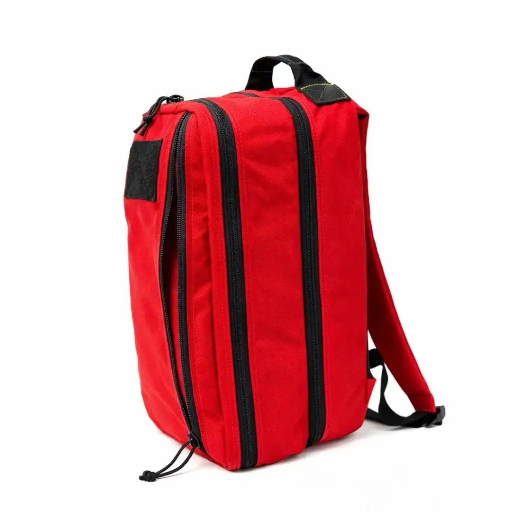 Red backpack with black zippers and shoulder straps against a white background.