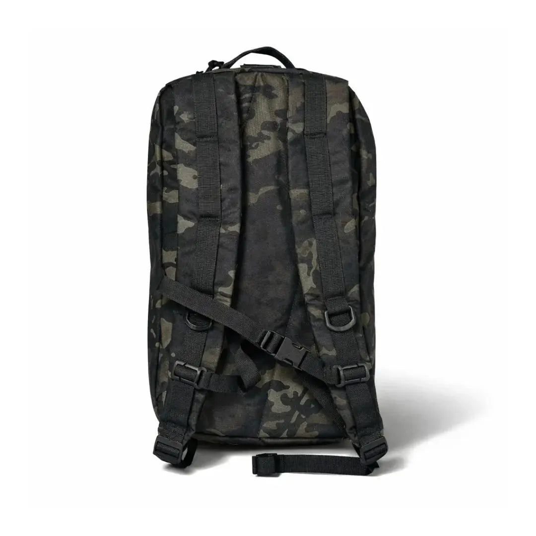 Back view of a camouflage pattern backpack with black straps.