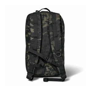Back view of a camouflage pattern backpack with black straps.