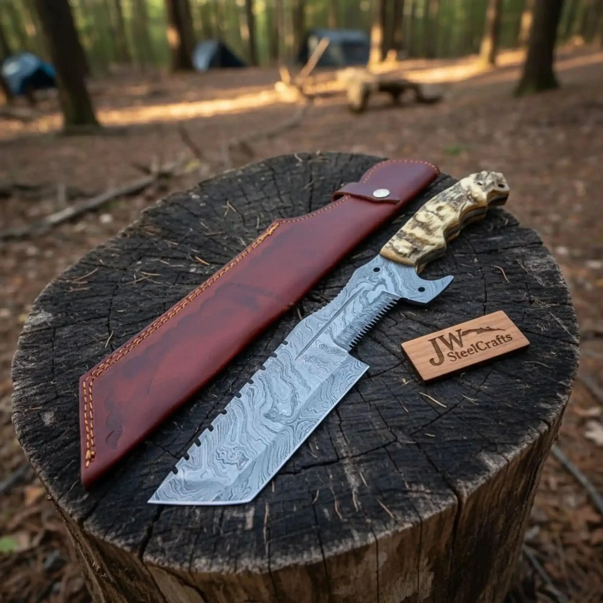 12.5" Full Tang Damascus Blade Hunting Knife Ram's Horn Leather Sheath by JW SteelCrafts, leather knife sheath detail photo 2
