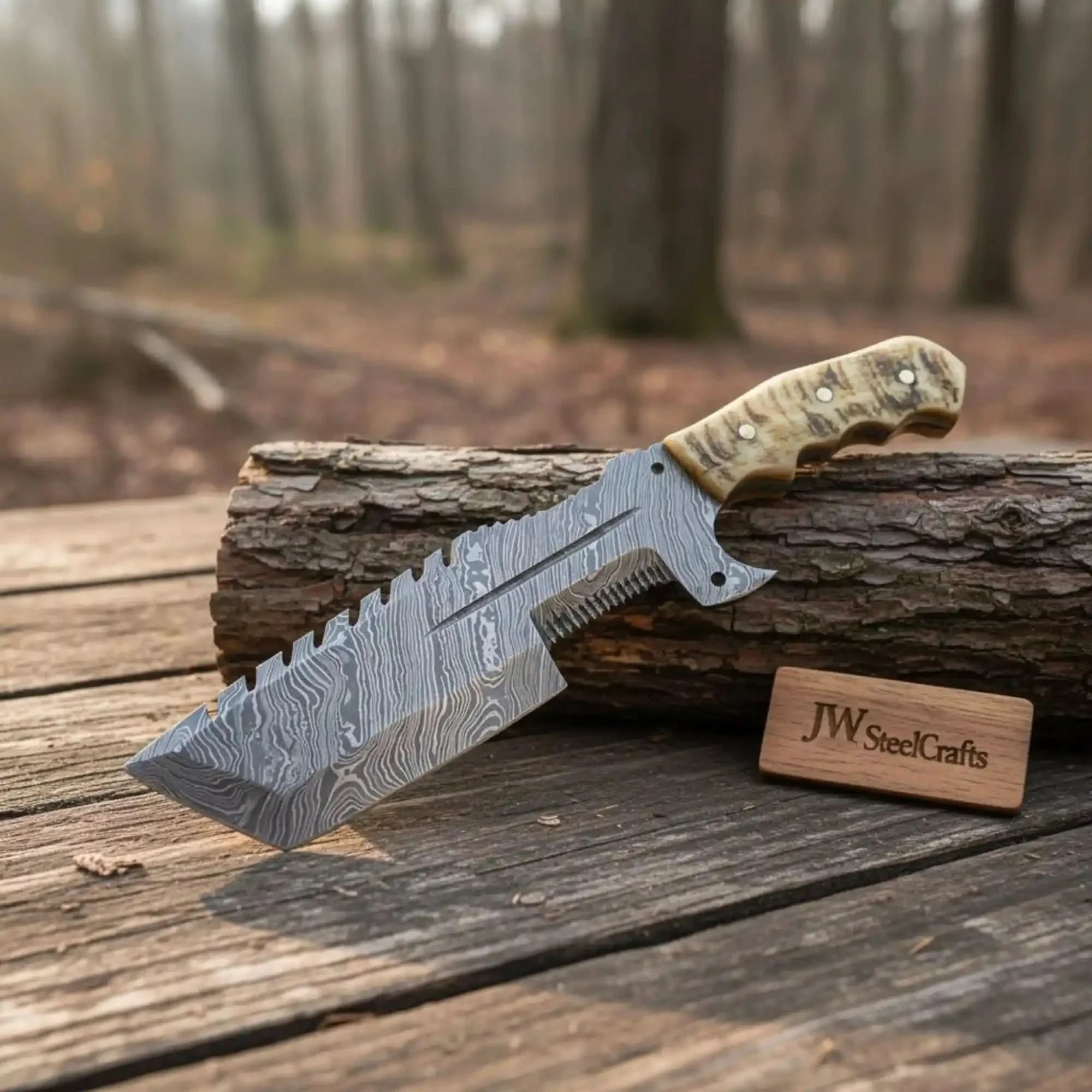 12.5" Full Tang Damascus Blade Hunting Knife Ram's Horn Leather Sheath by JW SteelCrafts, leather knife sheath main product photo