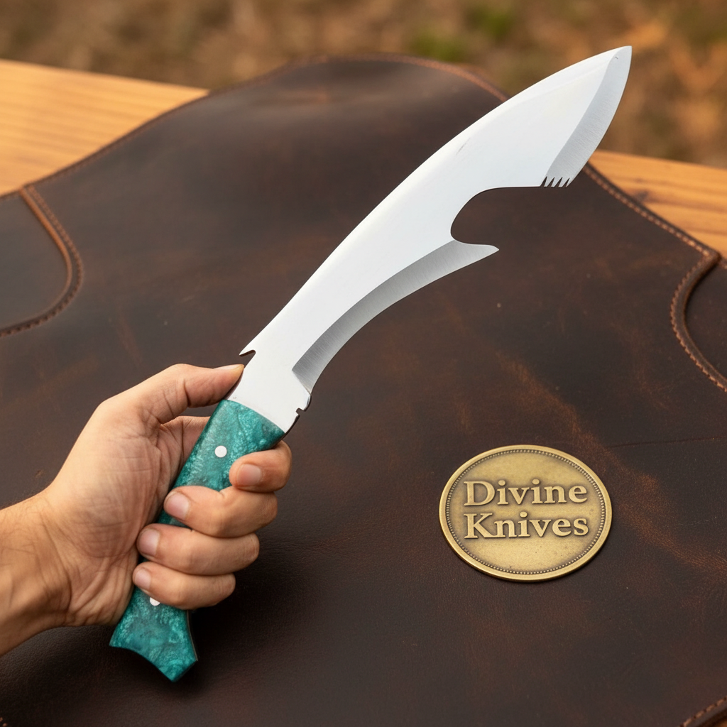 Blue Resin Shark Fish Blade Gurkha Kukri with Ocean Colors handle by Divine Knives — product view 2