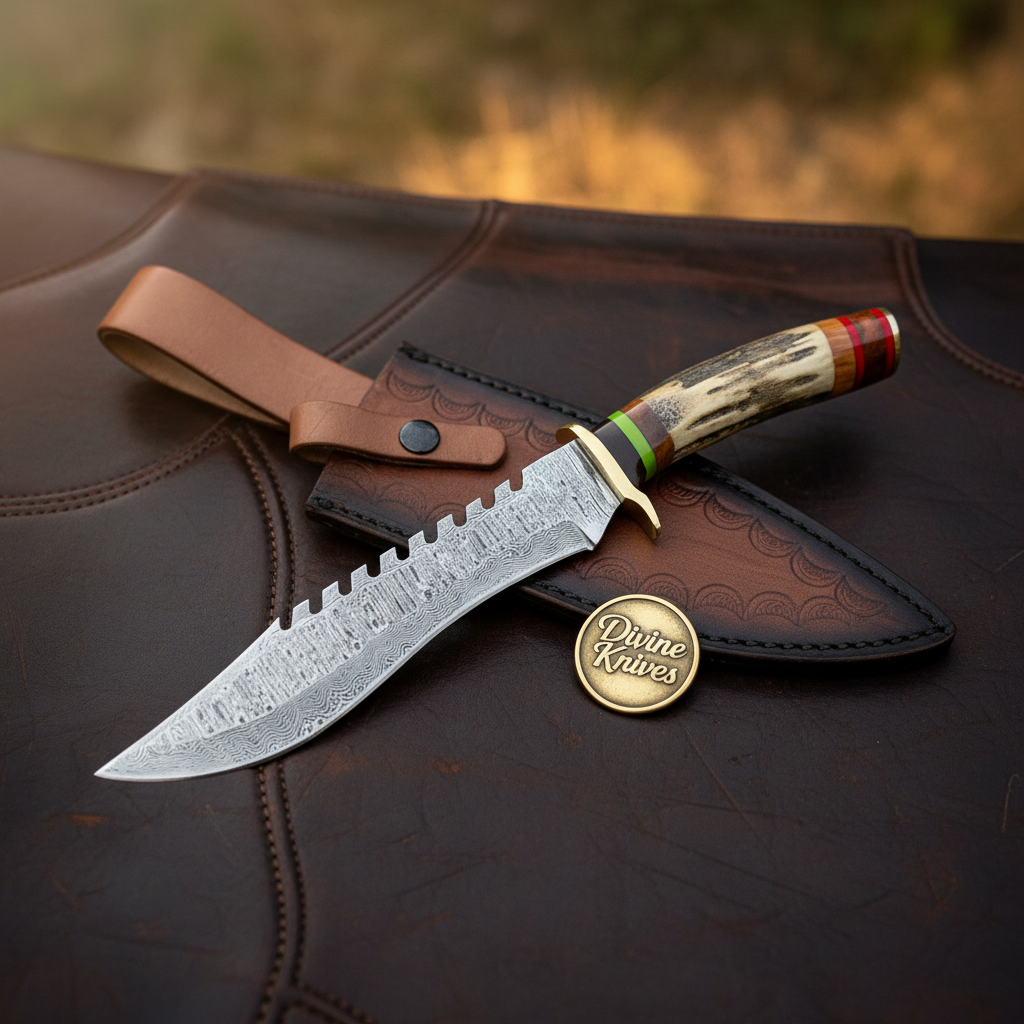 Serrated Spine Bowie Knife with Stag Antler Handle and Hand Forged Layered Blade by Divine Knives — product view 1