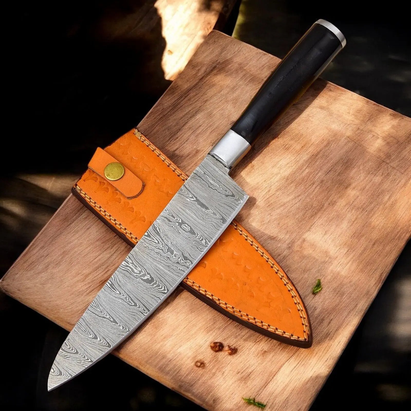 13" Custom Handmade Damascus Chef Knife with Sheath by Damascus Knife Store, leather knife sheath main product photo
