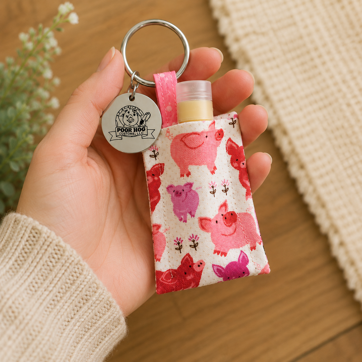 Pig Lip Balm Holder Keychain with Personalized Charm Gift for Pig Lovers
