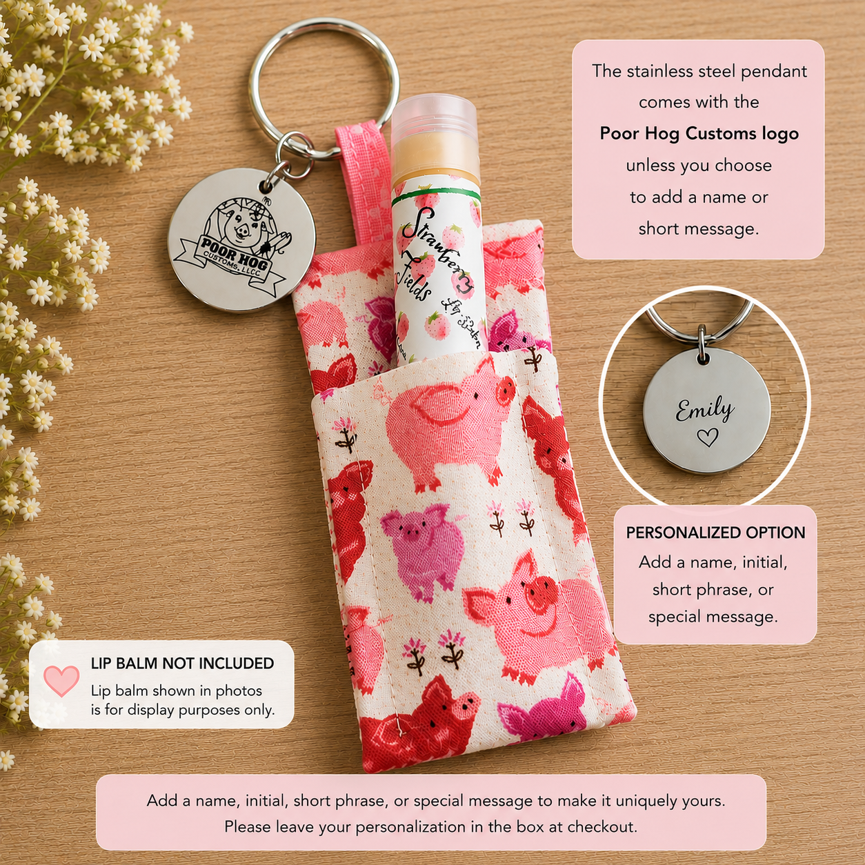 Pig Lip Balm Holder Keychain with Personalized Charm Gift for Pig Lovers