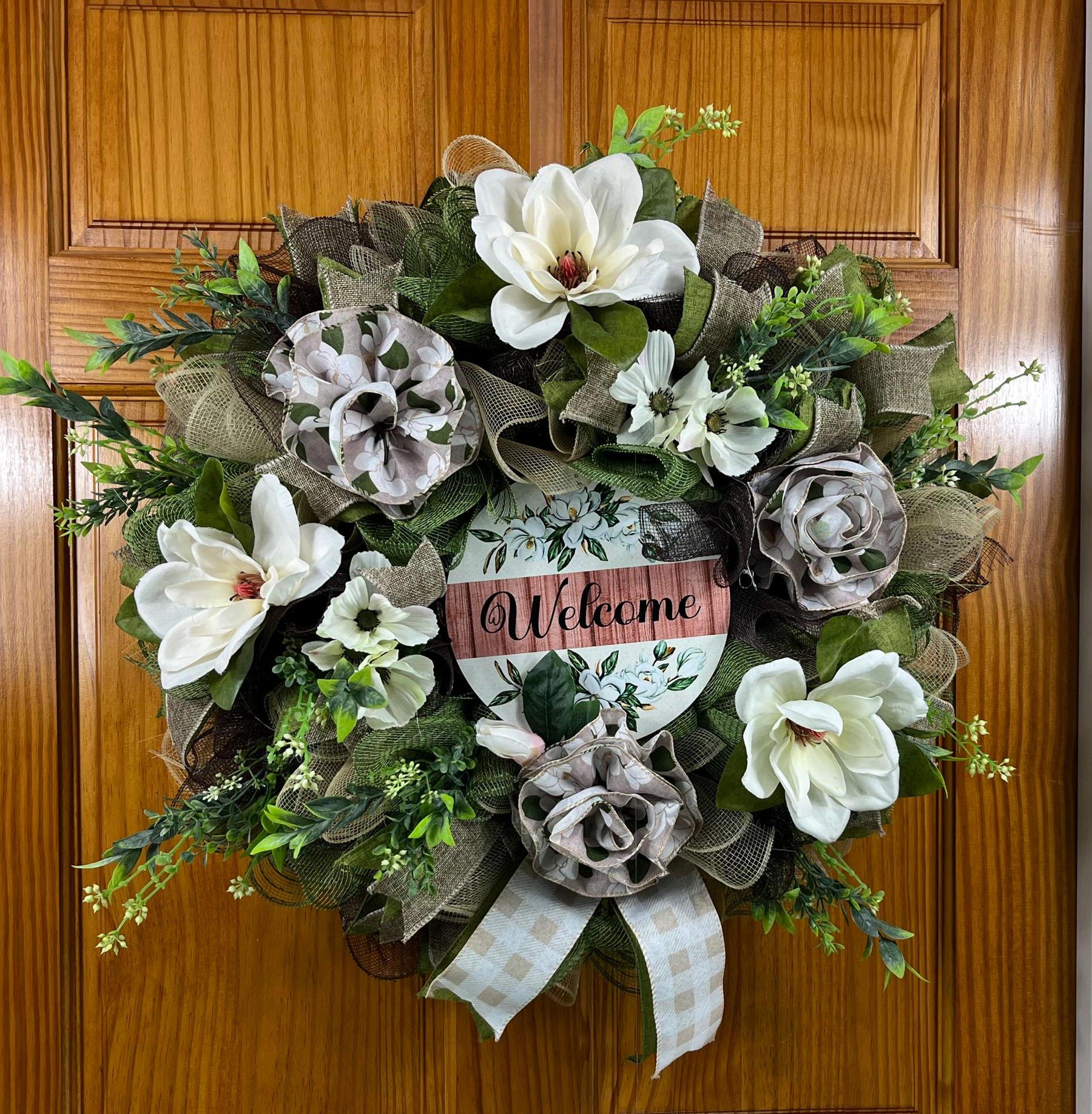 Farmhouse Welcome Wreath | Black & White Buffalo Plaid by Bouge Creations, view 3