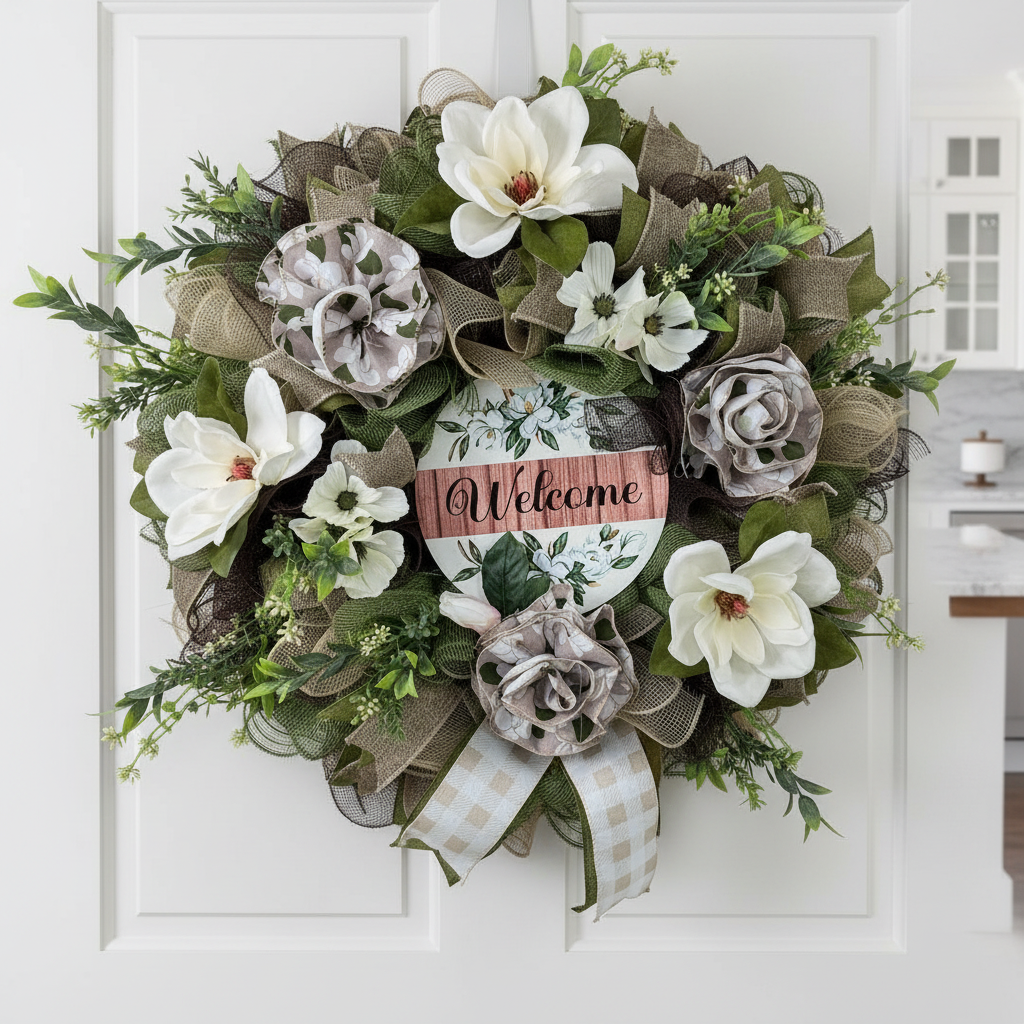 Everyday| Farmhouse Welcome Wreath| Cream Flowers, Burlap Mesh, Greenery