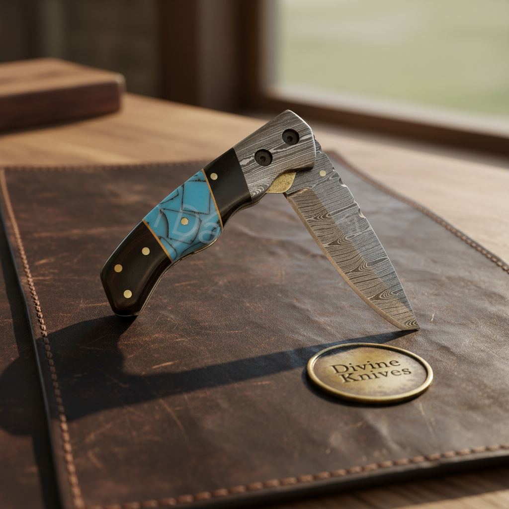Turquoise & Buffalo Horn Liner-Lock Folder Knife by Divine Knives — product view 1