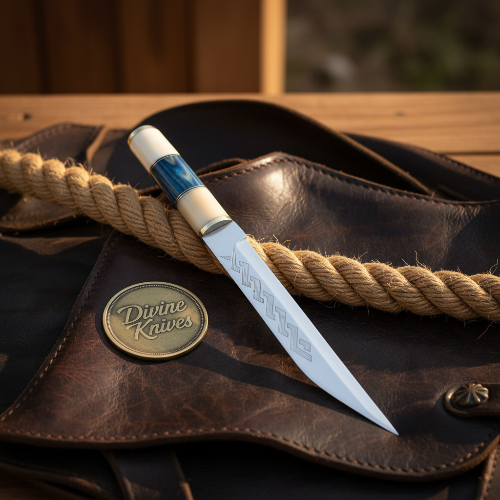 Hybrid Handle Broken-Back Seax Knife with Bone and Blue Accent Handle by Divine Knives — product view 3
