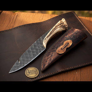 Hand Forged Field Dressing Knife with Blackened Carbon Steel Blade and Stag Crown Grip by Divine Knives — product view 2