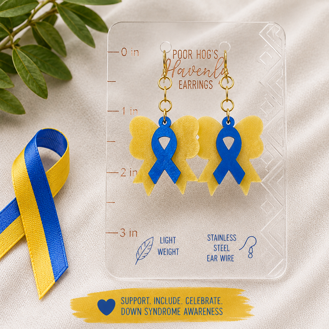 Blue Yellow Ribbon Bow Earrings, Down Syndrome Awareness Jewelry by Poor Hog Customs, handmade jewelry detail photo 4