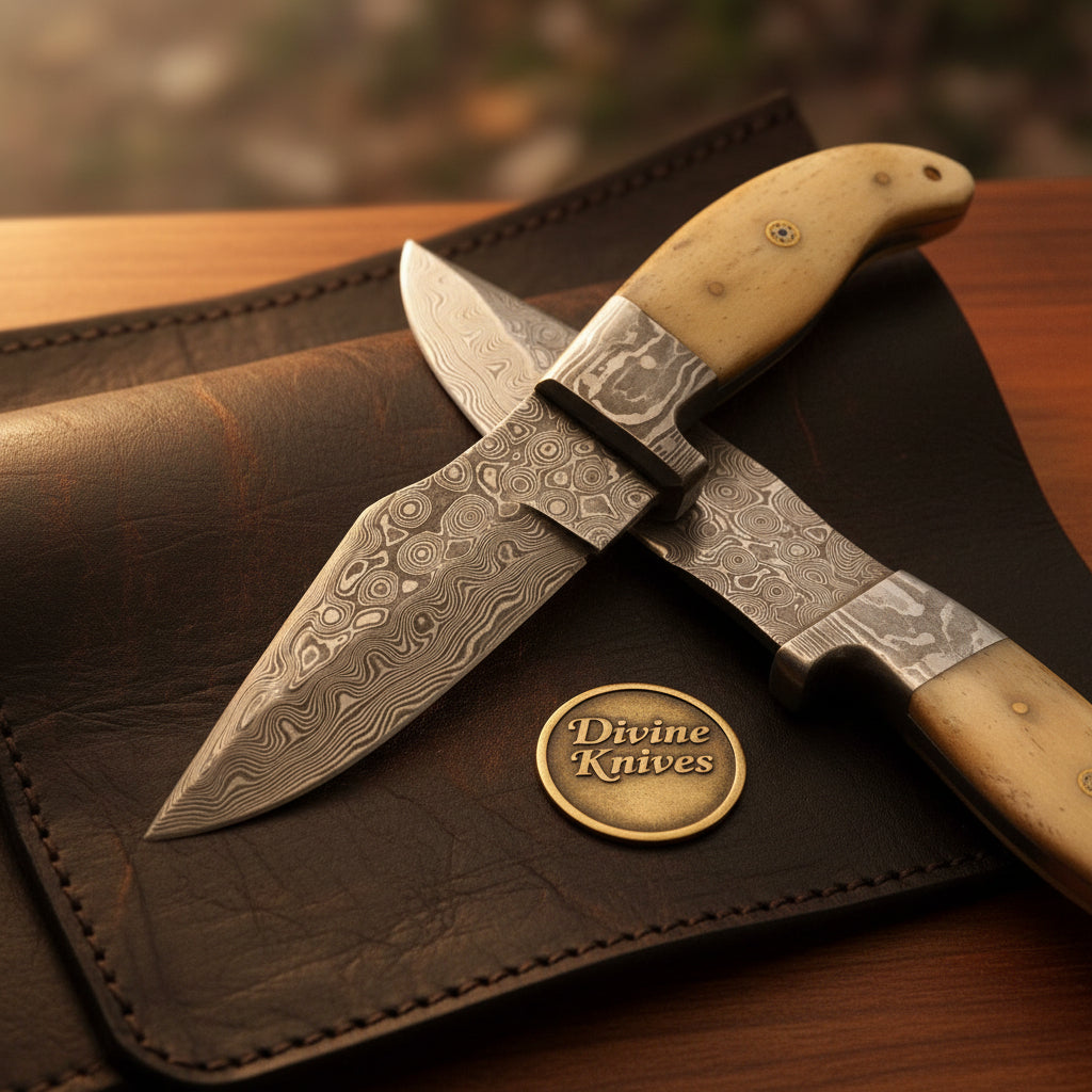 Bone Handle Hunting Knife Set with Two Hand Forged Blades and Shared Leather Roll by Divine Knives — product view 1