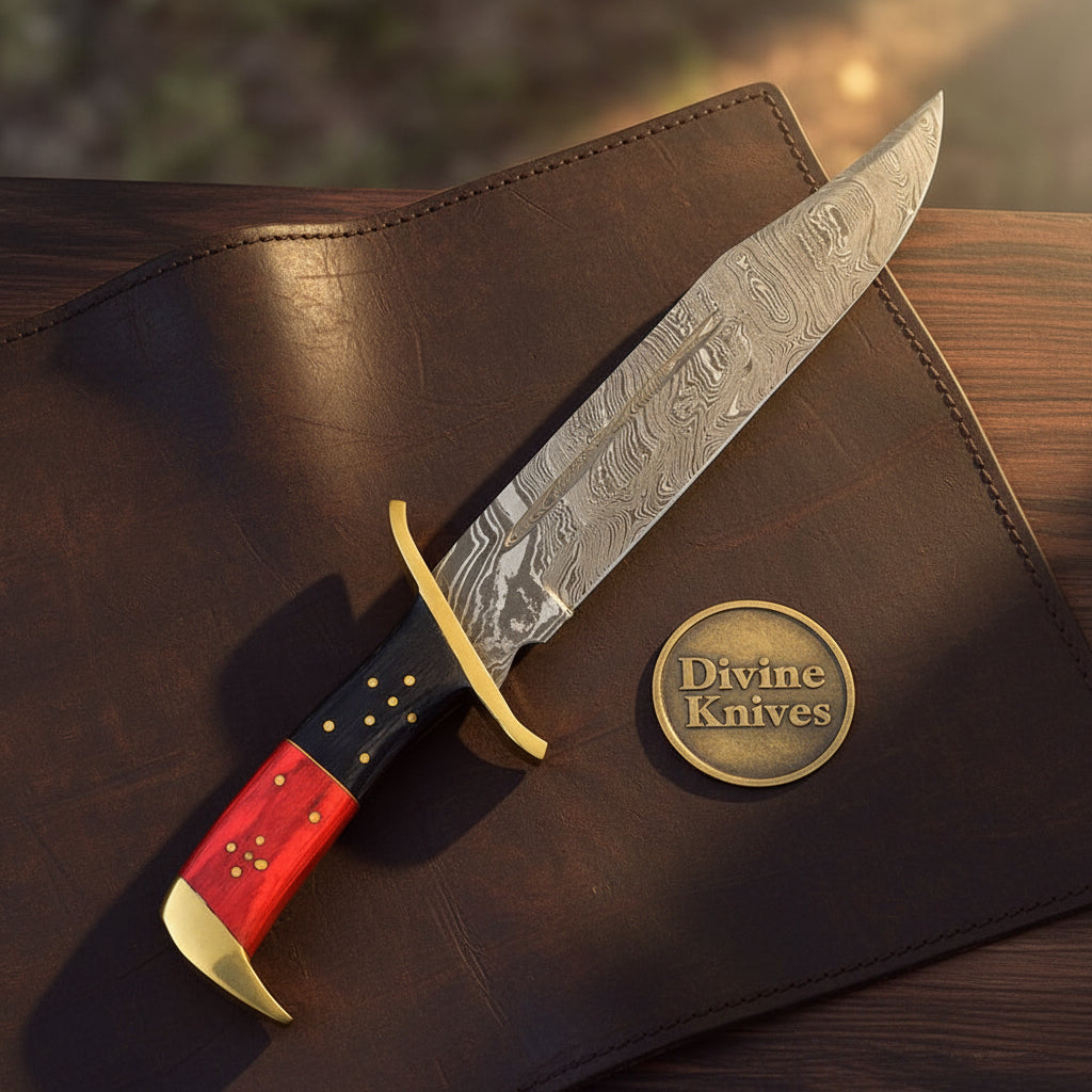 Twist Pattern Classic Bowie Knife with Red Pakkawood Handle & Brass Guard by Divine Knives — product view 2