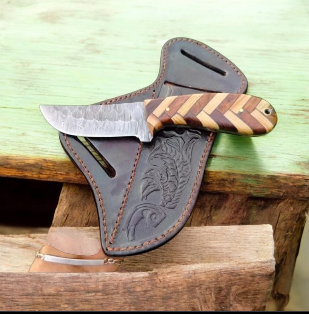 Herringbone Wood Skinner Knife with Chevron Handle