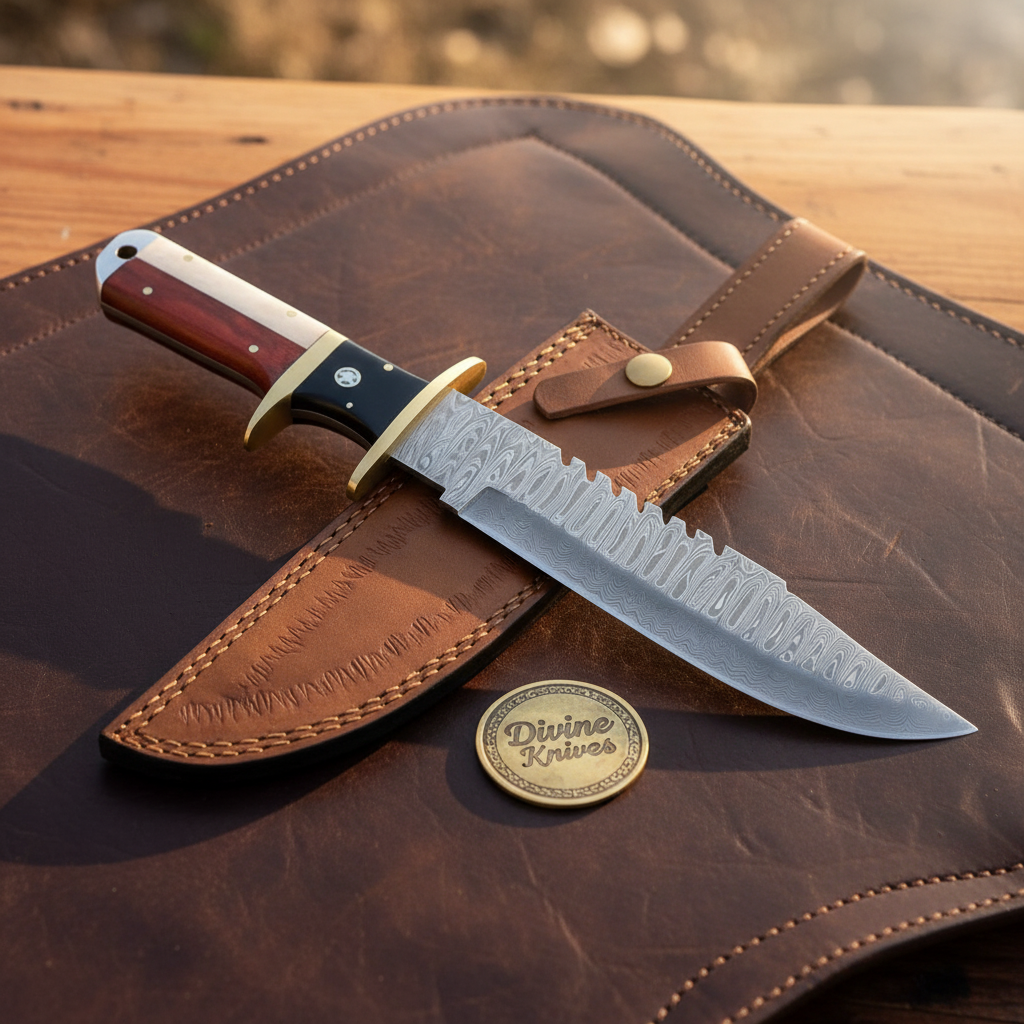 Texas Flag Sawback Sub Hilt Bowie with Damascus Blade by Divine Knives — product view 1
