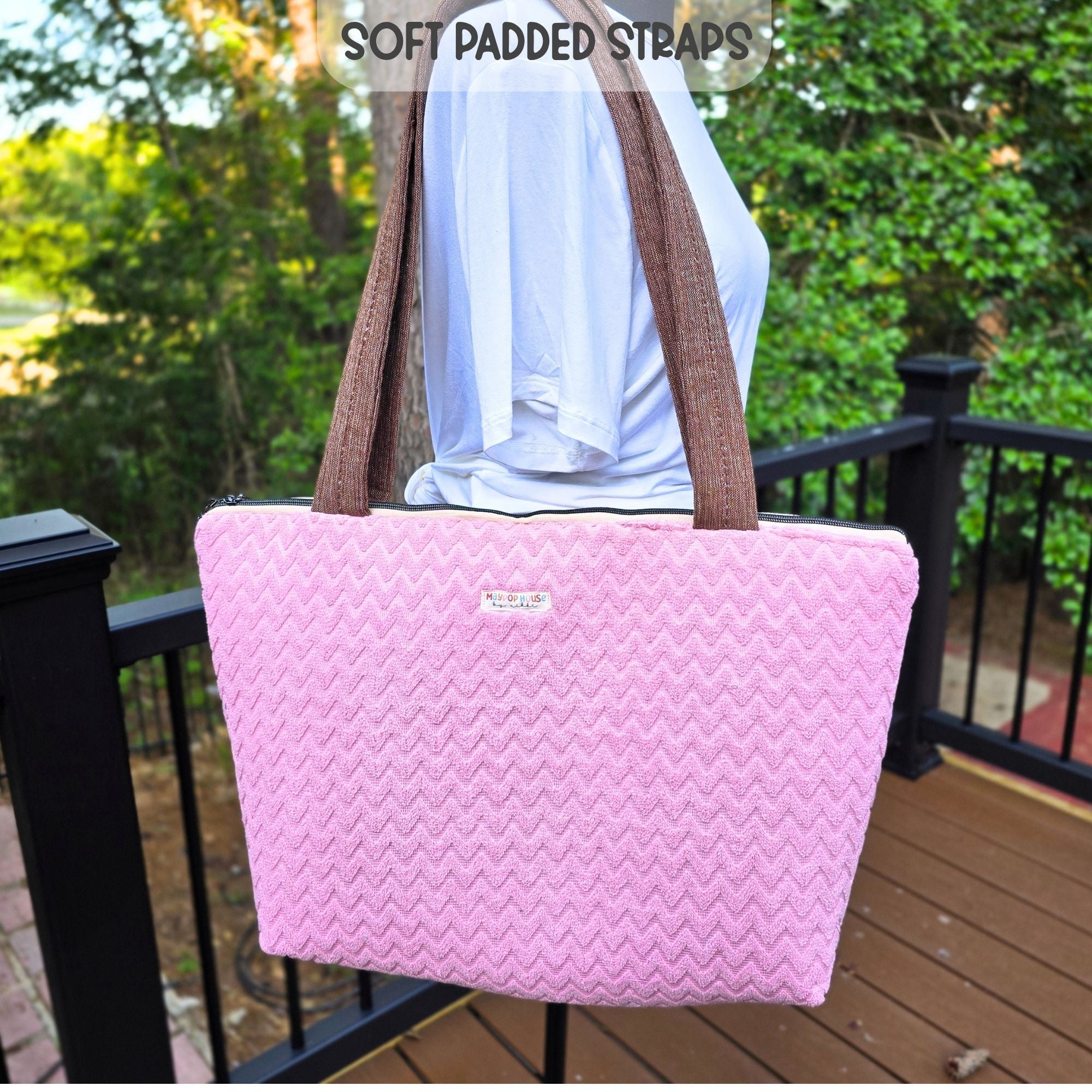 Large Pink Diaper Bag Tote, Handmade Baby Bag with Pockets, Teddy Bear Nursery Bag, Baby Shower Gift by Maypop House Designs, handmade leather goods detail photo 2