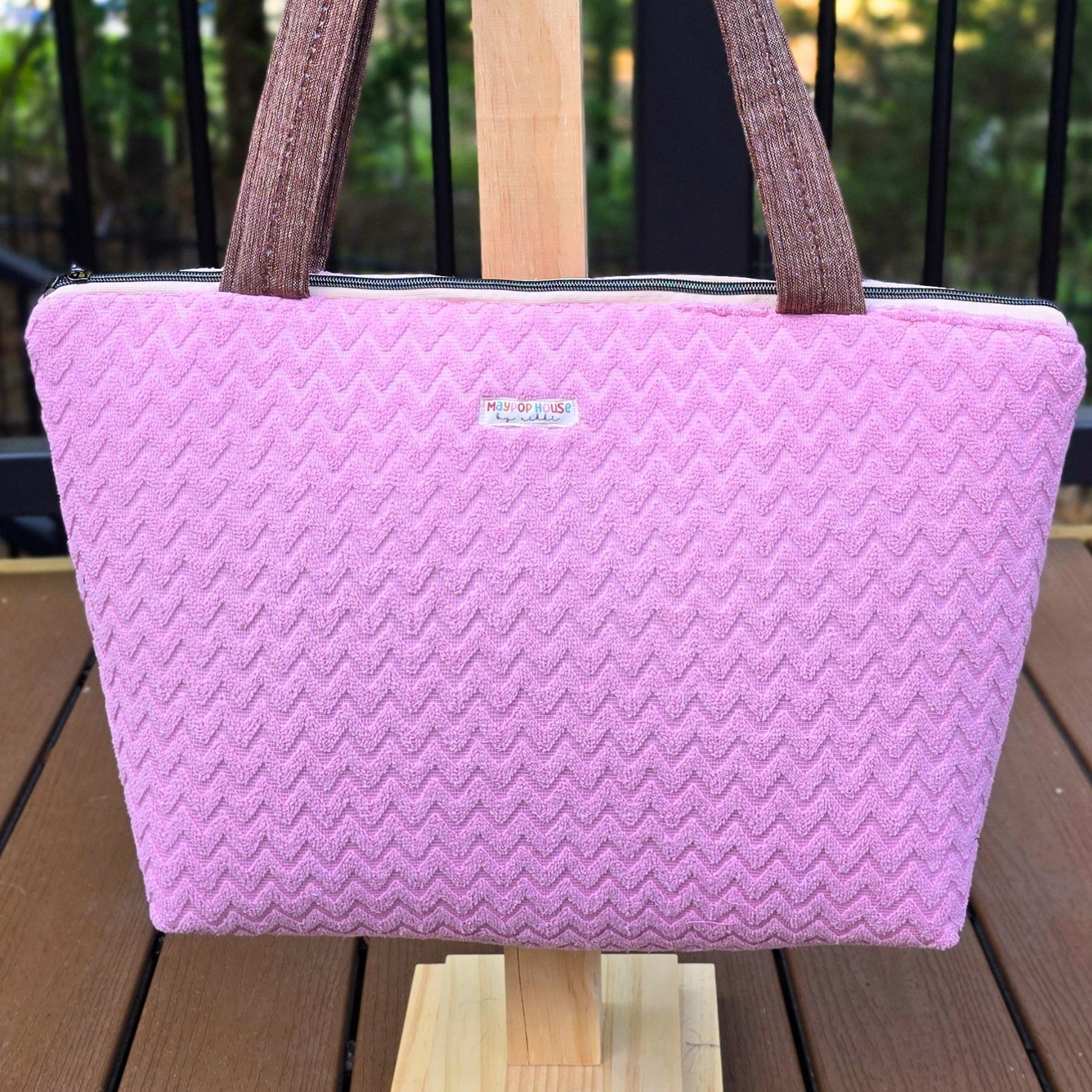 Large Pink Diaper Bag Tote, Handmade Baby Bag with Pockets, Teddy Bear Nursery Bag, Baby Shower Gift by Maypop House Designs, handmade leather goods detail photo 6