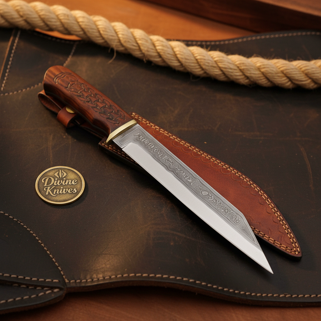 Engraved Rosewood Seax Knife with Long Tanto Style Blade and Hand Tooled Sheath by Divine Knives — product view 2