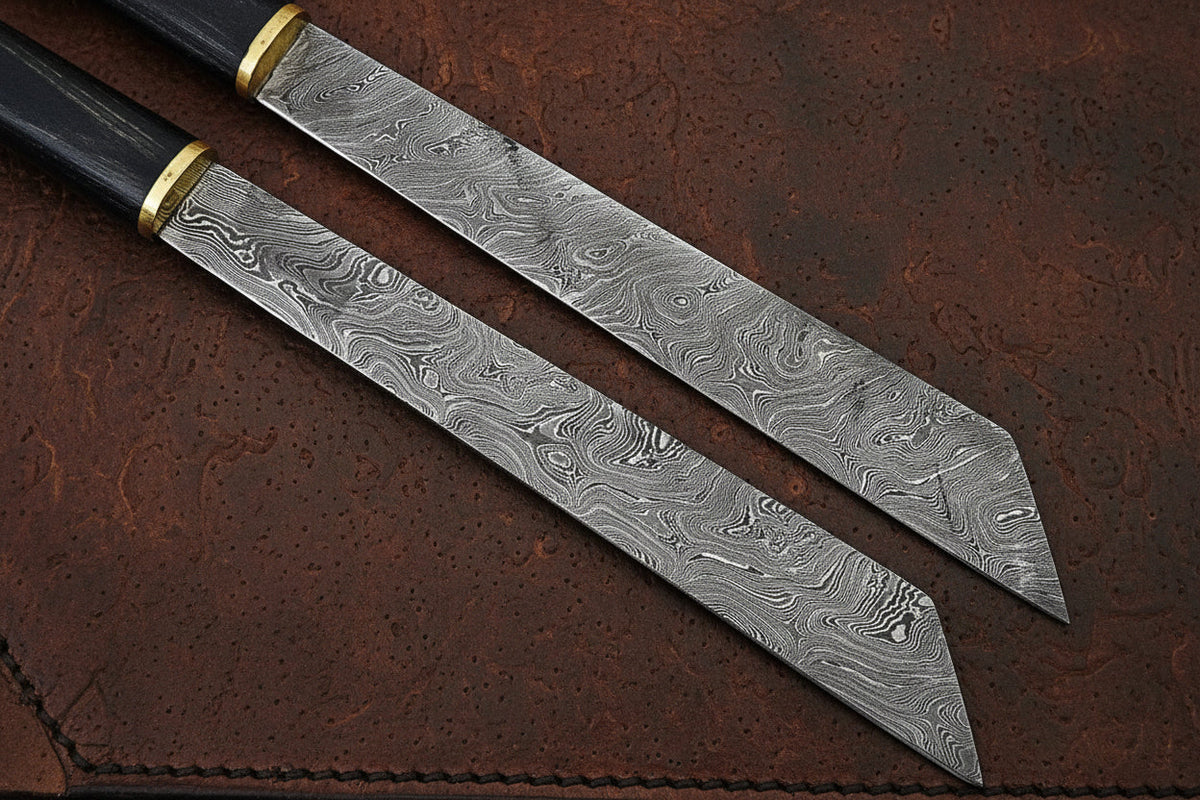 Horn Handle Tanto Knife Set with Brass Ferrules and Shared Snap Close Leather Sheath by Divine Knives — product view 2