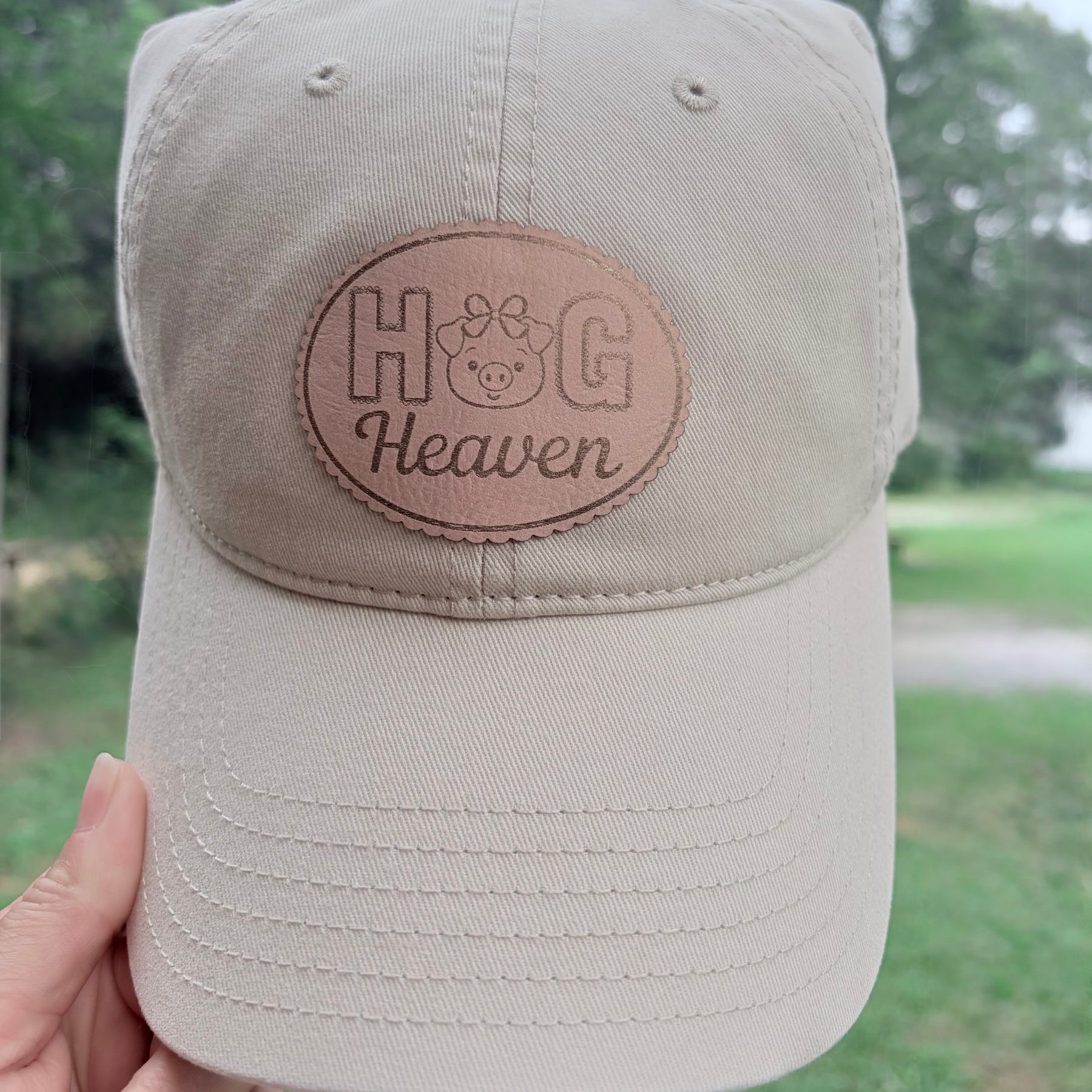 Hog Heaven Pig Lover Leather Patch Hat on a Richardson Soft Style Hat