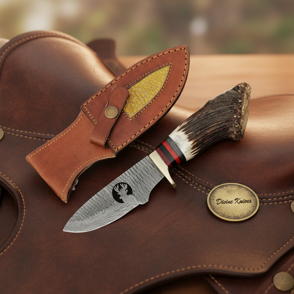 Crown Stag Deer Cutout Damascus Skinner with Deer Cutout by Divine Knives — product view 1