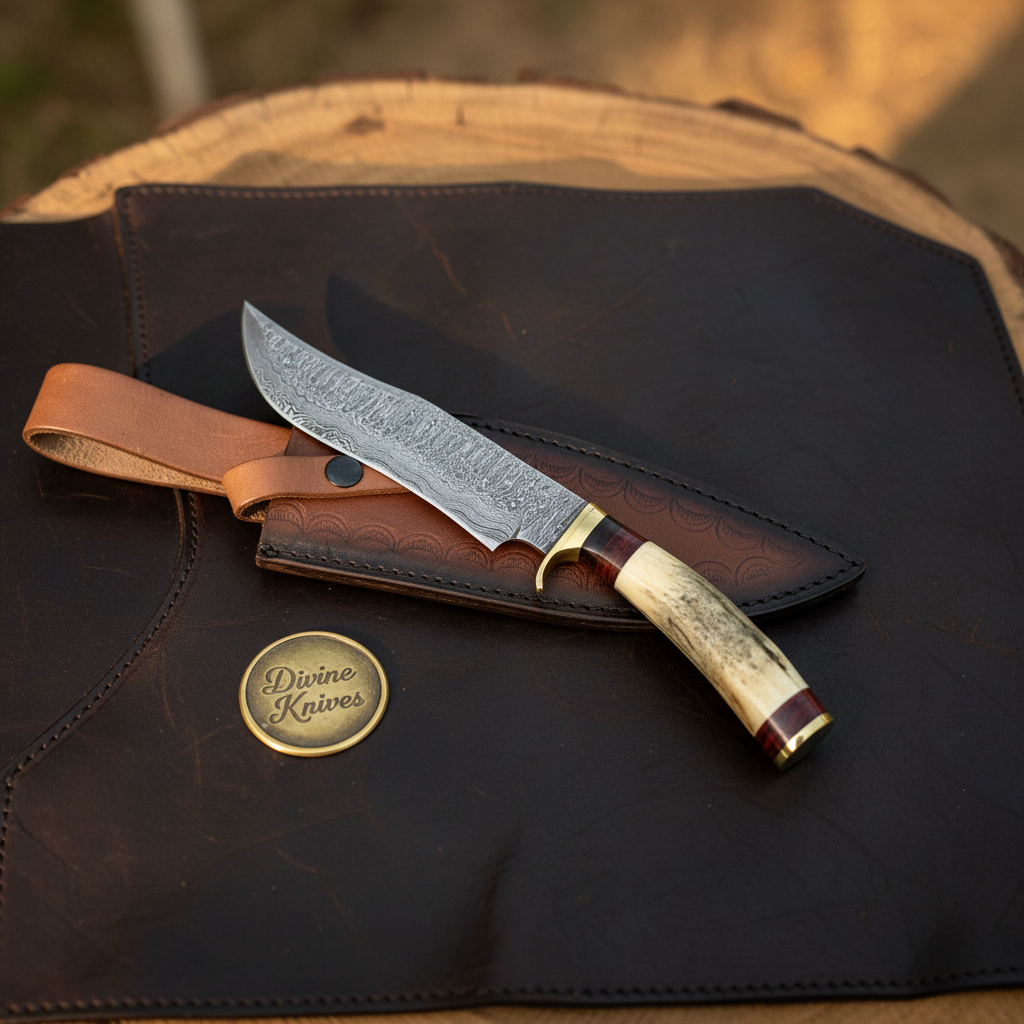 Trailing Point Hunter Knife with Stag Horn Handle and Hand Forged Patterned Blade by Divine Knives — product view 2
