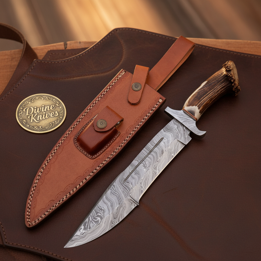 Crown Stag Damascus Bowie Rambo Knife with Natural Crown Stag Handle by Divine Knives — product view 2