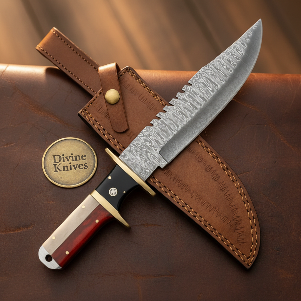 Texas Flag Sawback Sub Hilt Bowie with Damascus Blade by Divine Knives — product view 2