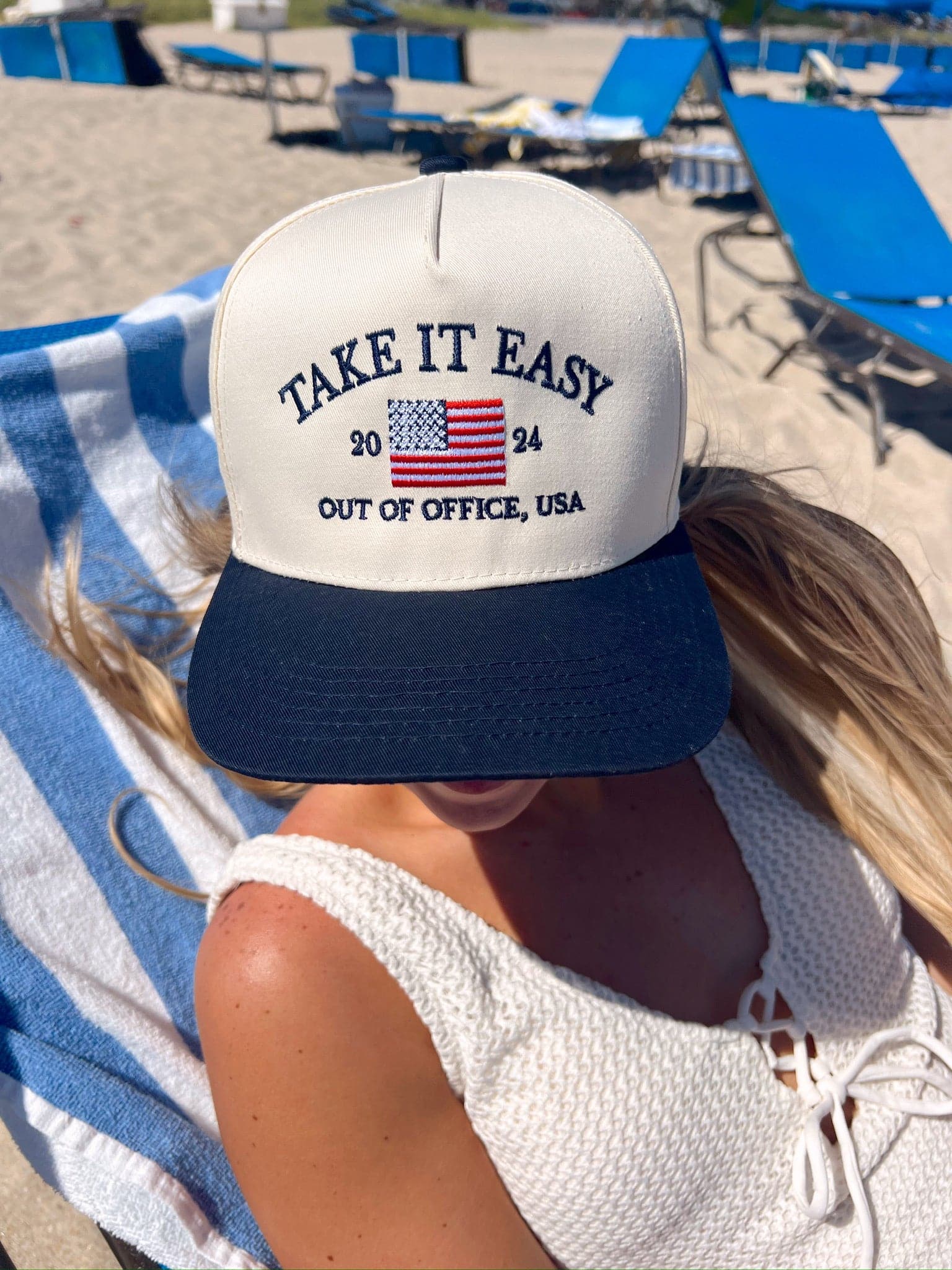 Take it Easy Navy Flag Vintage Trucker Hat by KenzKustomz, Southern lifestyle apparel detail photo 7