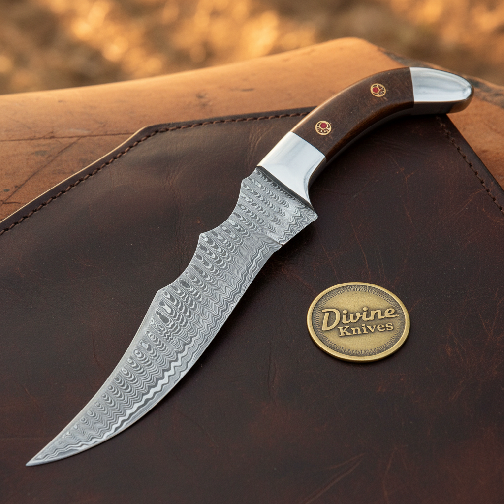 Buffalo Horn Skinner Knife with Upswept Forged Blade and Polished Steel Bolsters by Divine Knives — product view 2