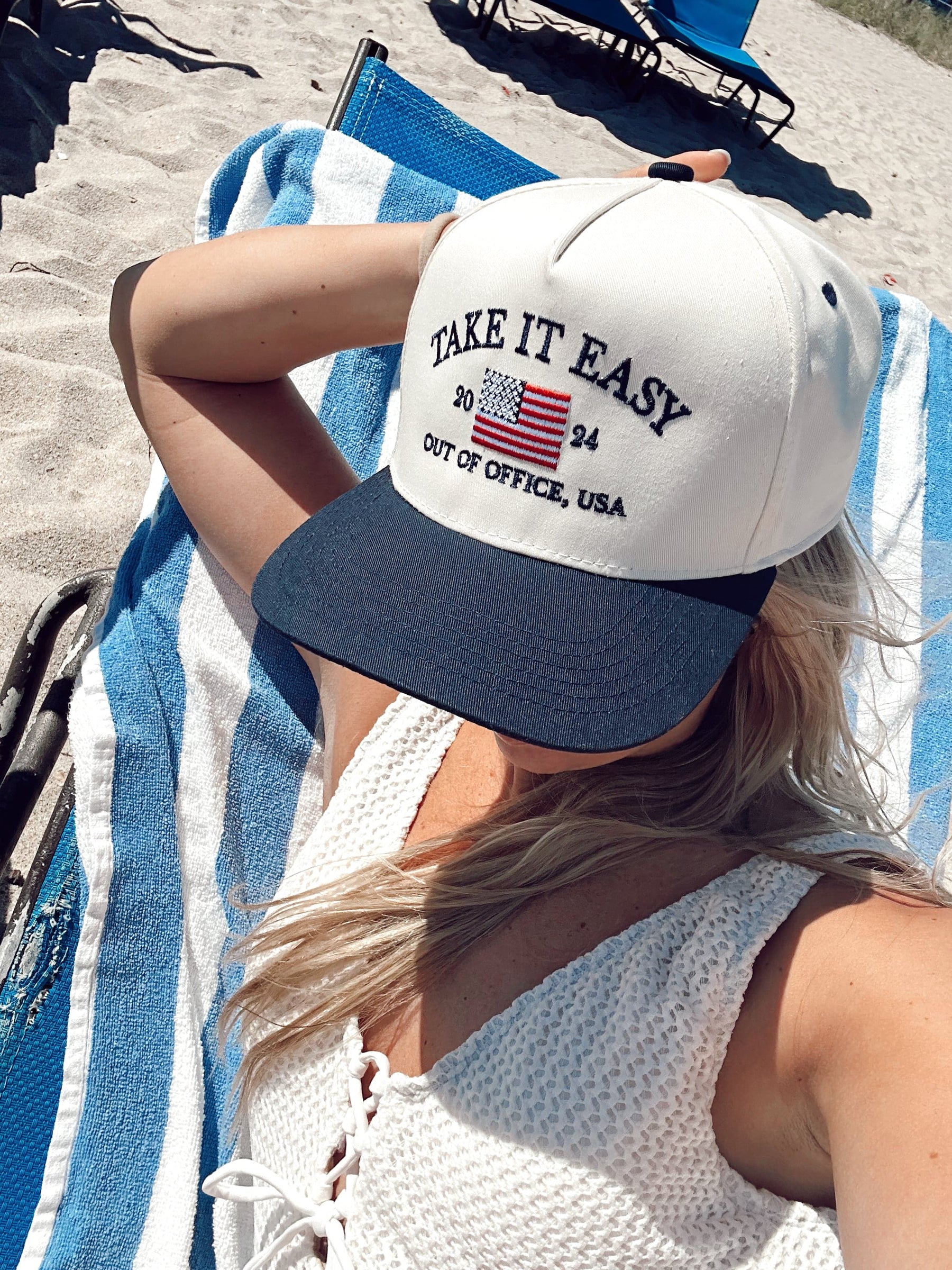 Take it Easy Navy Flag Vintage Trucker Hat by KenzKustomz, Southern lifestyle apparel detail photo 4