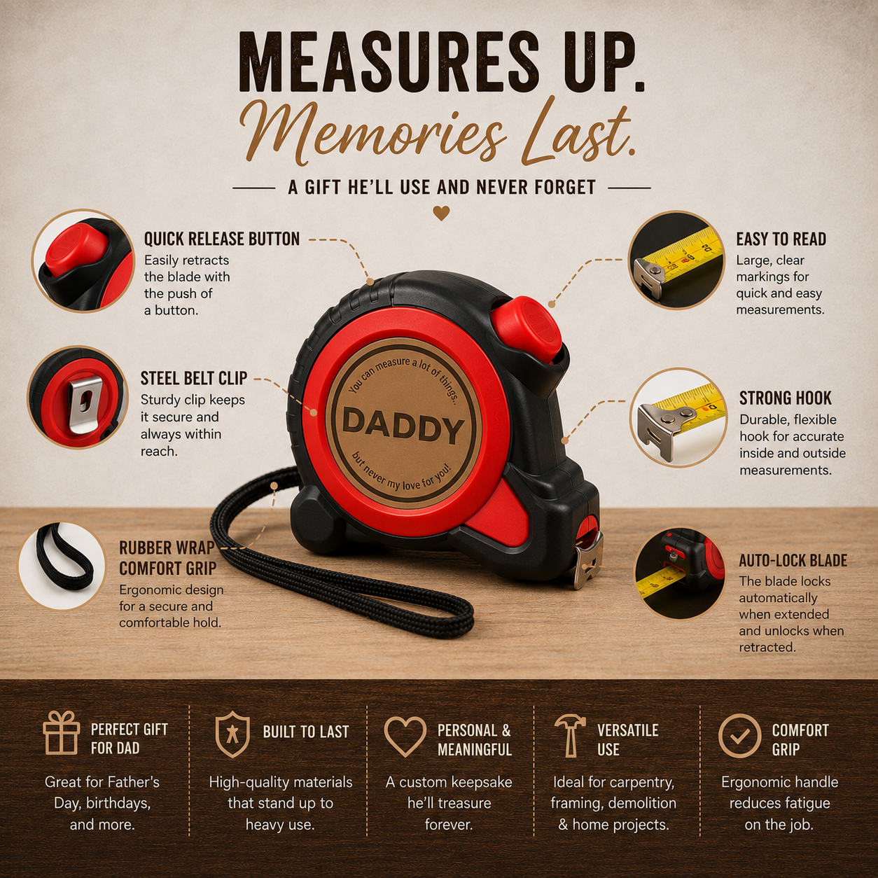Personalized Tape Measure Gift for Dad, Custom Father’s Day Tool Gift by Poor Hog Customs, tape measures detail photo 4