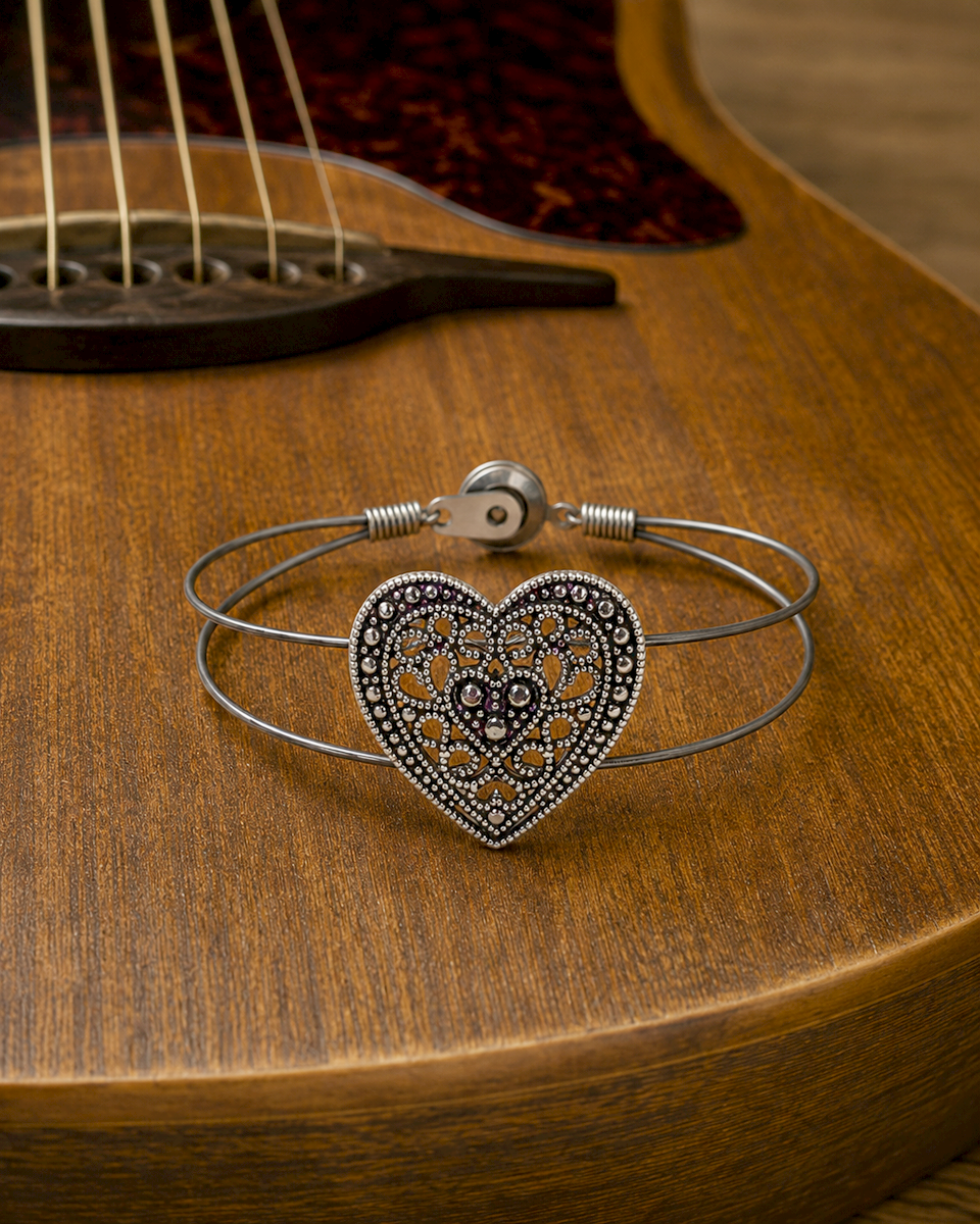 Silver Filigree Heart Guitar String Bracelet