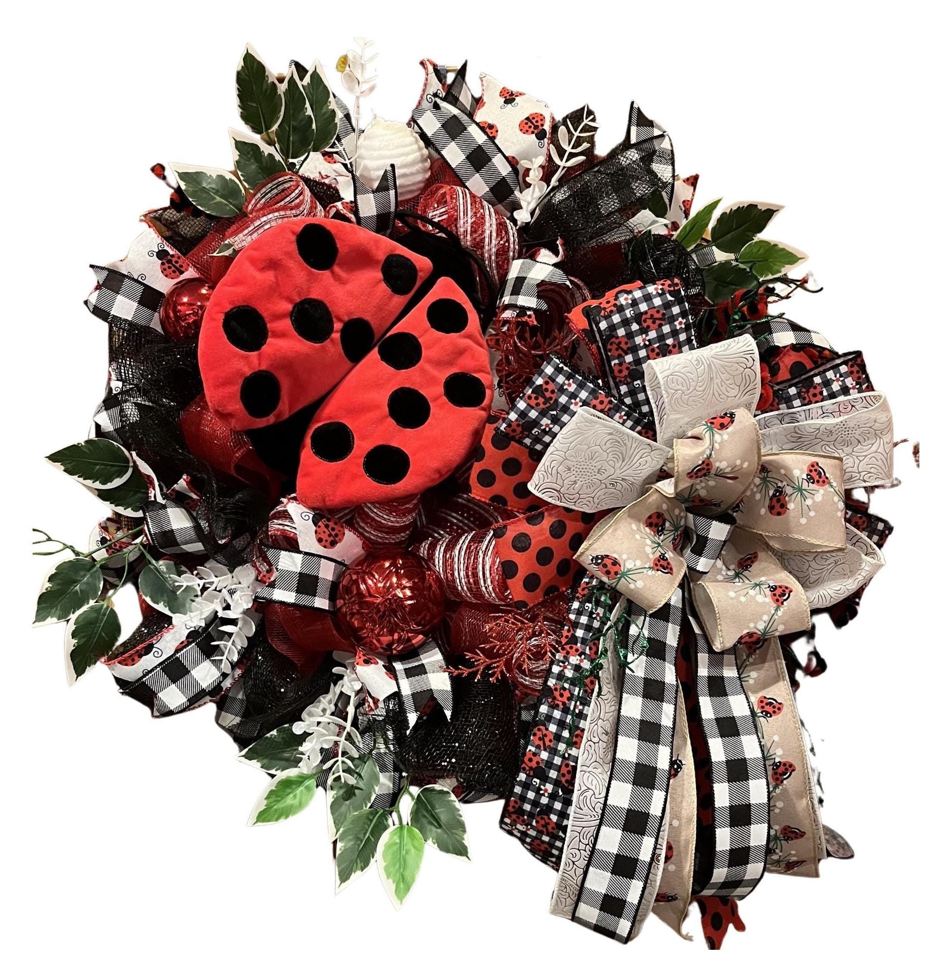 Ladybug Spring Wreath | Red & Black Mesh Door Decor handmade by Bouge Creations