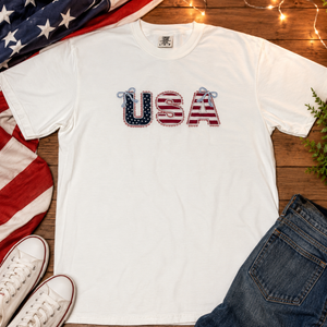 Patriotic USA Applique Shirt with Decorative Stitching and Bows