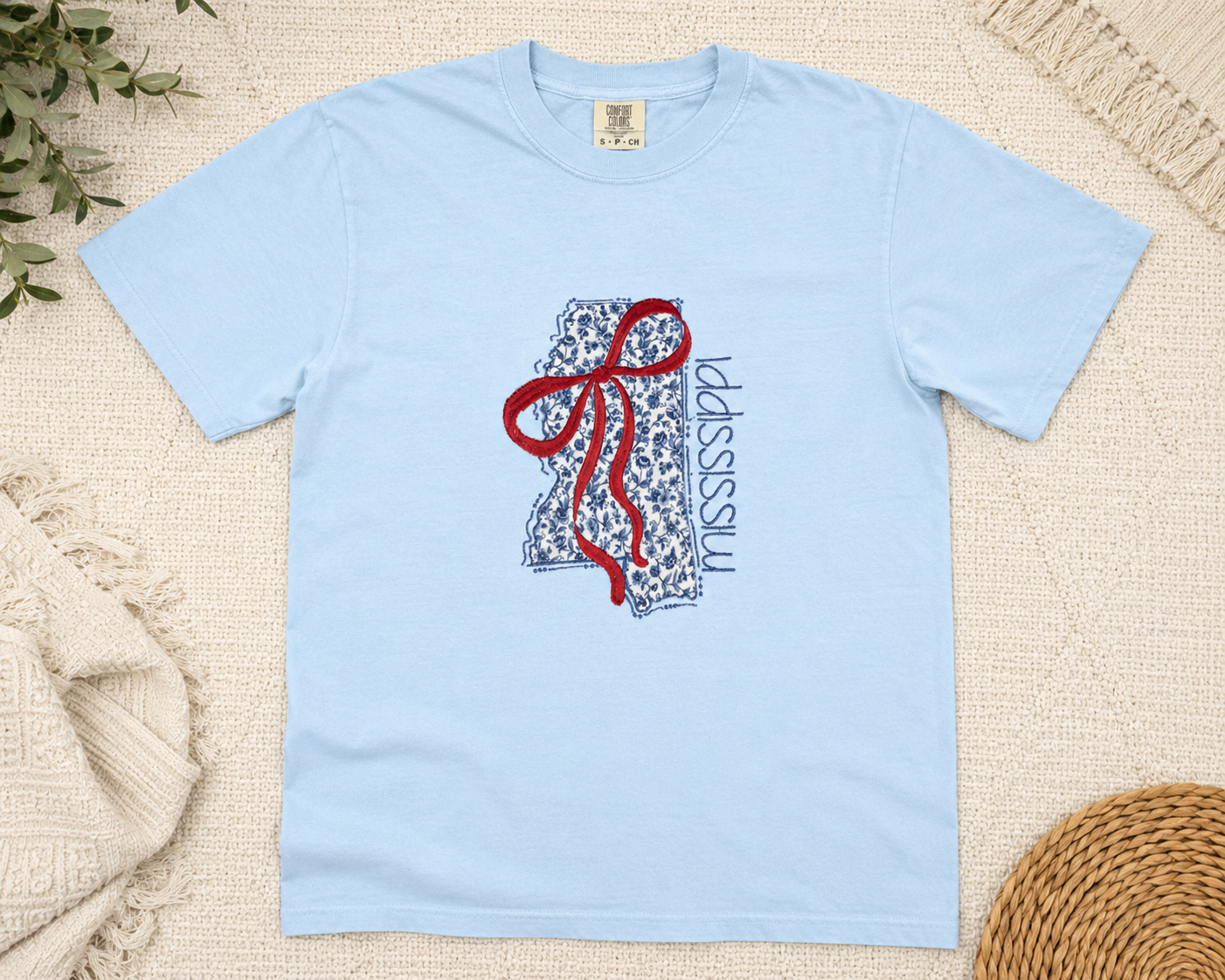 Floral Mississippi Applique Coquette Bow Tee by Poor Hog Customs, Southern lifestyle apparel detail photo 2