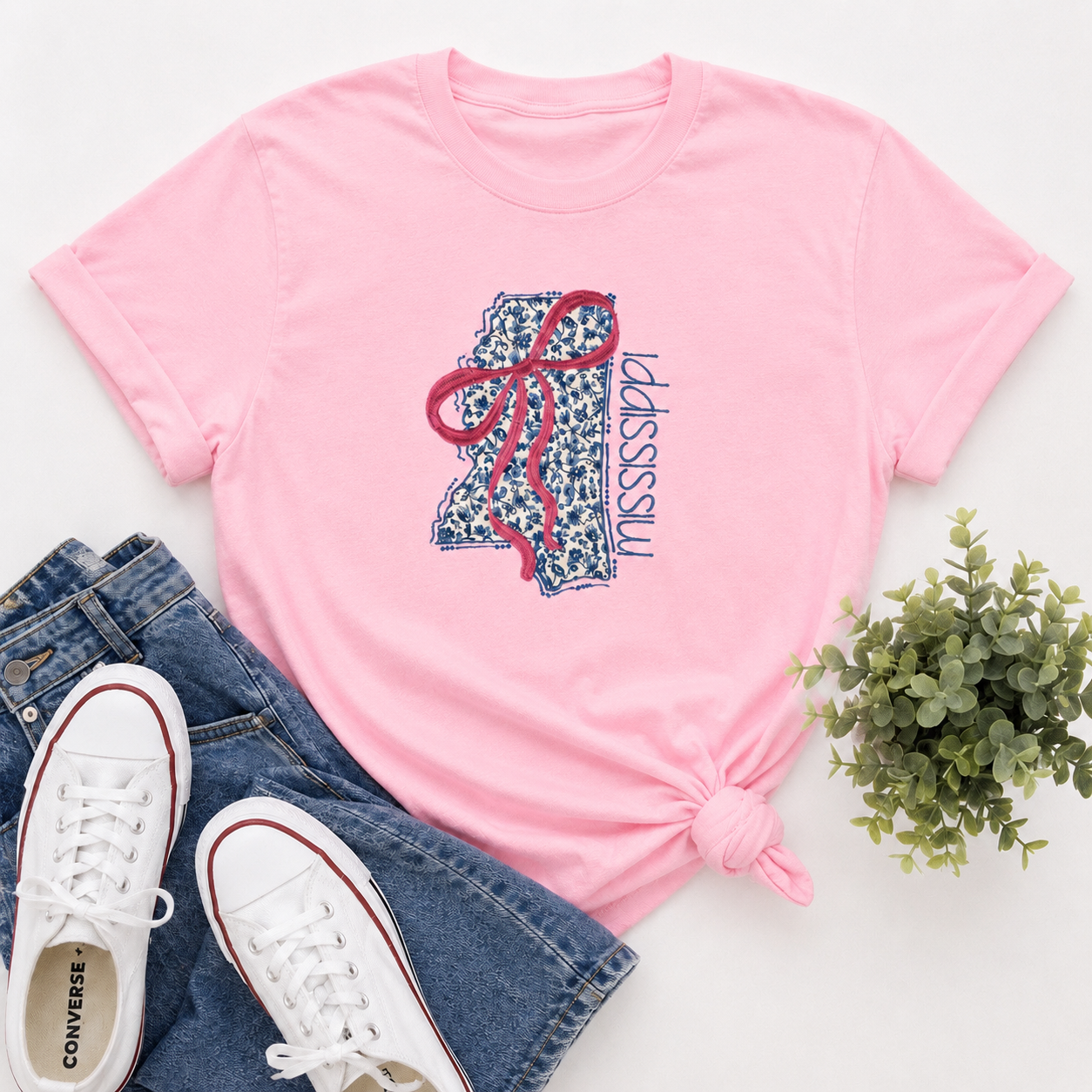 Floral Mississippi Applique Coquette Bow Tee by Poor Hog Customs, Southern lifestyle apparel main product photo