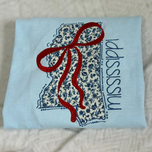 Floral Mississippi Applique Coquette Bow Tee by Poor Hog Customs, Southern lifestyle apparel detail photo 6