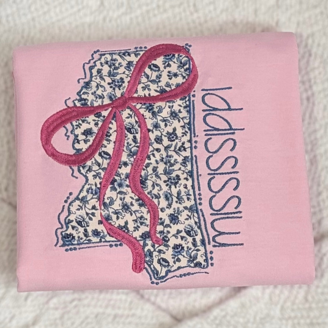 Floral Mississippi Applique Coquette Bow Tee by Poor Hog Customs, Southern lifestyle apparel detail photo 5